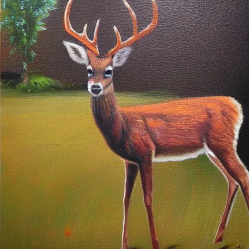 Image similar to “deer by a house oil panting”