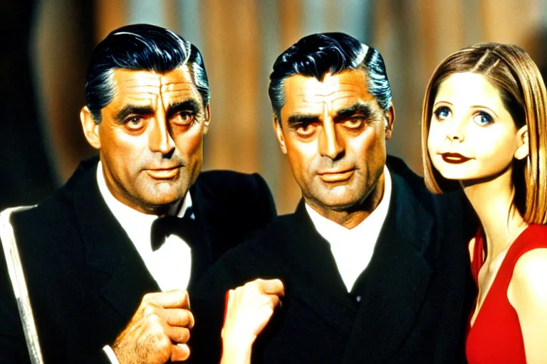 Image similar to cary grant as giles in buffy the vampire slayer, along side sarah michelle gellar 1 9 9 8