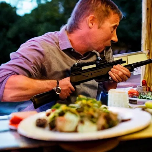 Image similar to king harkinian shooting his dinner blaster