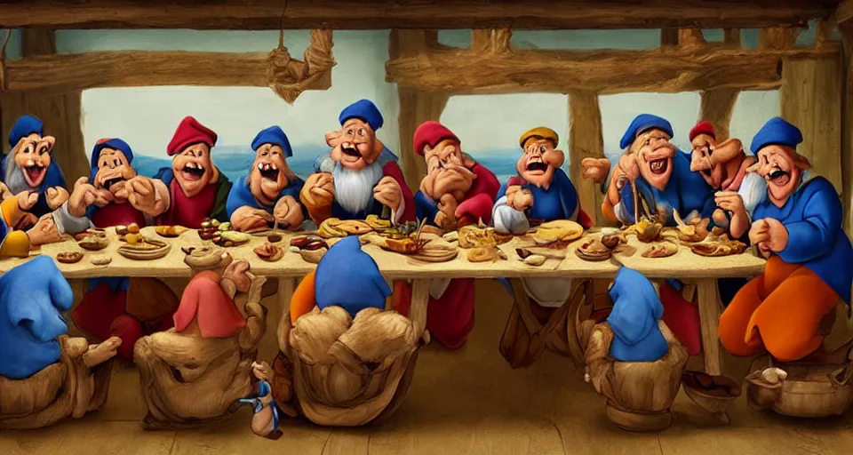Prompt: seven dwarfs in the style of the last supper