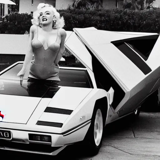 Prompt: marilyn monroe getting into a Lamborghini Countach parked in Beverly hills in 1987