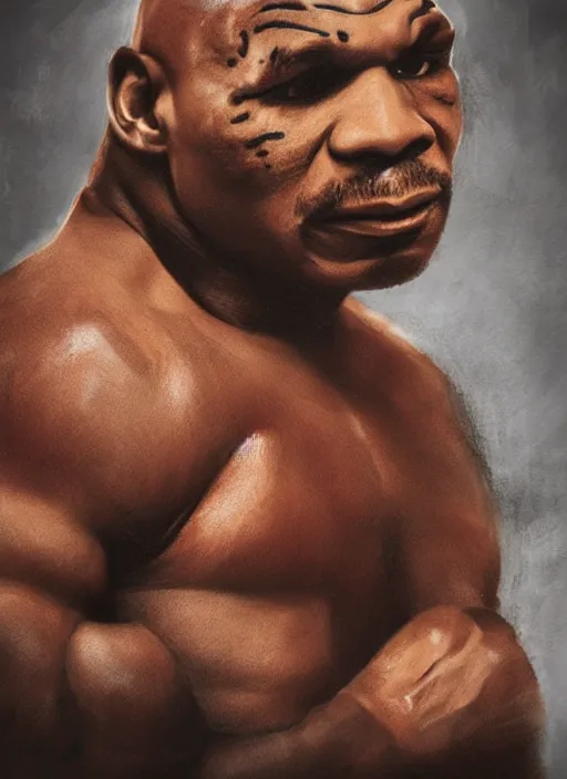 Image similar to a photorealistic portrait of mike tyson made of raw chicken