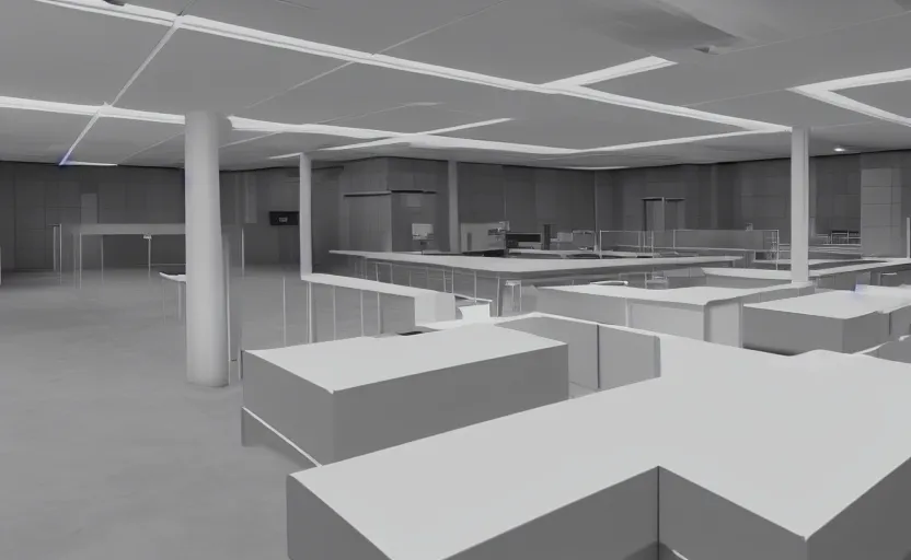 Prompt: screenshot of game on unreal engine 5, a large white empty breakroom with a security checkpoint, photorealistic, retrofuturism, brutalism, minimalist, soft vintage glow
