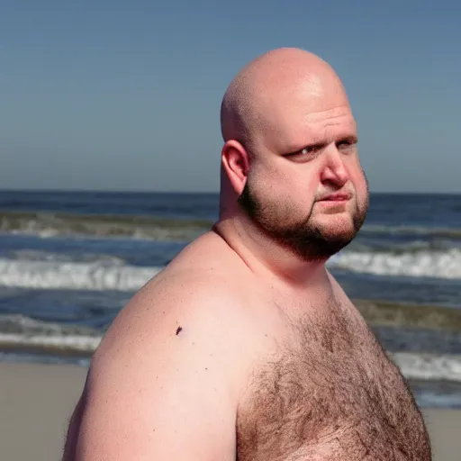 Image similar to obese ethan van sciver with a bald head and grey trimmed beard has washed up on a beach, horrified onlookers gasp