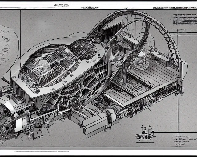 Image similar to a full page of a mechanical blueprint showing a cutaway design for a mechanized brontosaurus from howl's moving castle ( 2 0 0 4 ), with people inside piloting it, muted colors, post grunge, studio ghibli, hq,