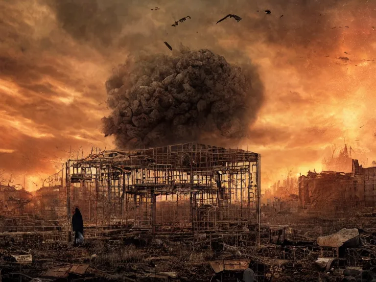 Prompt: postapocalyptic picture of black raven in cage, very emotional, ruins around, nuclear explosion, erik johansson style, conceptual art, the last day on the earth, insane detail, hyper realistic 8 k textured