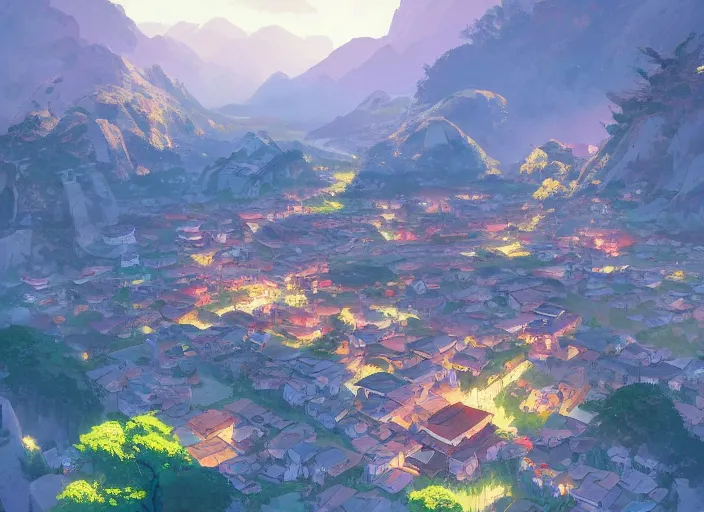 Image similar to concept art painting of a small village in a valley seen from above, european japanese buildings, early morning, cel shaded, detailed, realistic, by makoto shinkai and moebius and anton fadeev and james gurney