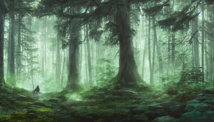 Image similar to beautiful ancient forest, matte painting, beautifully painted, beautiful lighting, enchanted forest, jeremy lipking, studio ghibli, princess mononoke, 8 k, rays of light, amazing detail, princess mononoke background paintings, hayao miyazaki, kazuo oga, enchanted lighting, high contrast, rule of thirds, bright green moss, japanese woodblock prints