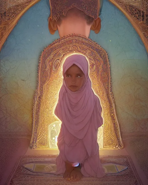 Image similar to a faceless bedouin child infront of a big open quran highly detailed, gold filigree, romantic storybook fantasy, soft cinematic lighting, award, watercolor illustration by mandy jurgens and alphonse mucha and alena aenami, pastel color palette, featured on artstation