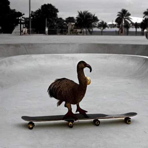 Image similar to a dodo wearing a gold chain around its neck, on a hovering skateboard without wheels, at a skate park near the beach, 1990s cartoon