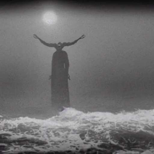 Prompt: the anti - christ rising from a red ocean. photograph from a horror movie.