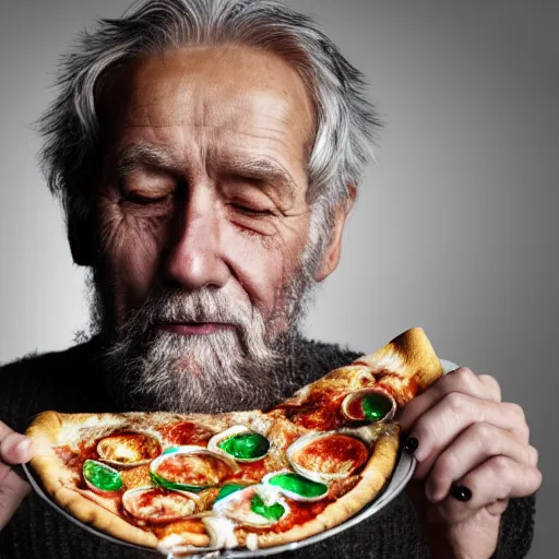 Image similar to realistic portrait of an old man, with a short beard and very messy hair, sitting on cough upfront of a tv, with crashed pop cans and empty pizza boxes all over. volumetric light. high resolution. very high details