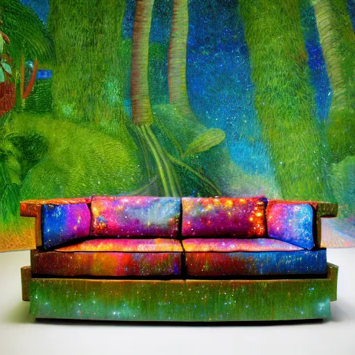 Image similar to psychedelic couch sofa in the lush forest, milky way, designed by arnold bocklin, jules bastien - lepage, tarsila do amaral, wayne barlowe and gustave baumann, cheval michael, trending on artstation, mediterranean, star, sharp focus, colorful refracted sparkles and lines, soft light, 8 k 4 k