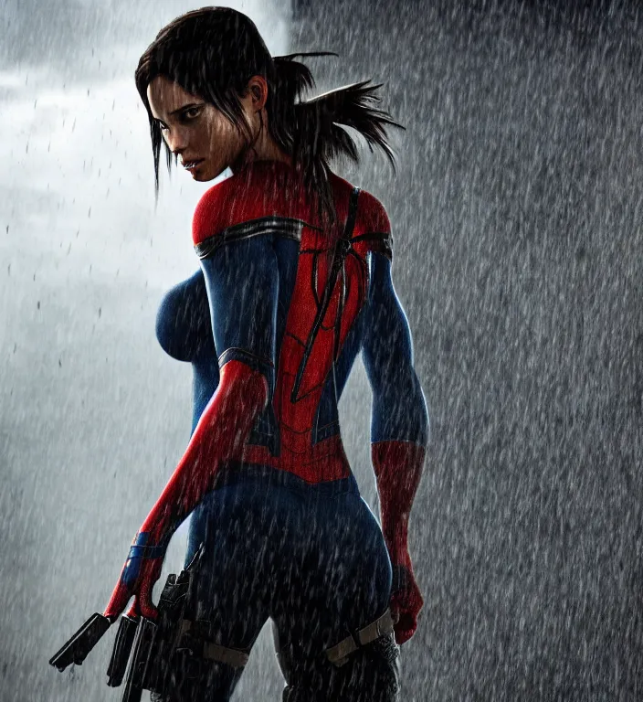 Image similar to cinematic of lara croft as spiderman, dramatic rain, 8 k, moody lighting
