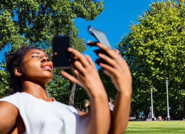 Image similar to photo still of a bronze statue of a woman using an iphone to take a selfie in a park on a bright sunny day, 8 k 8 5 mm f 1 6