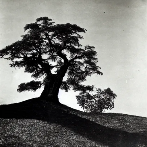 Prompt: a black and white photo of a tree on a hill, 1 9 2 0