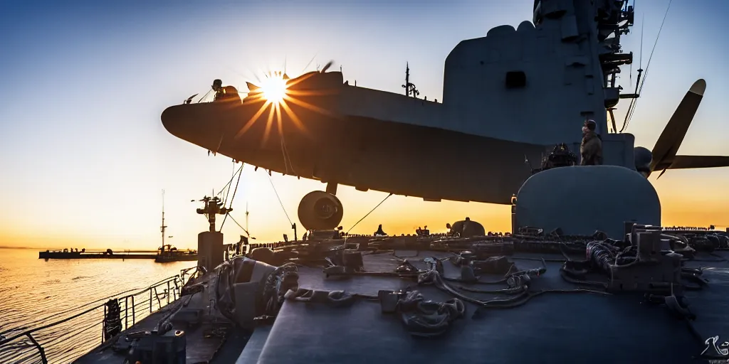 Prompt: warplane stand still on war ship, a dog cartoon symbol on its tail, sun on the background, high quality, award winning photography, photo professional, photography, 2 4 mm lens, f 2. 0, high quality, sharpen, detailed, 8 k, hd, uhd, color grading