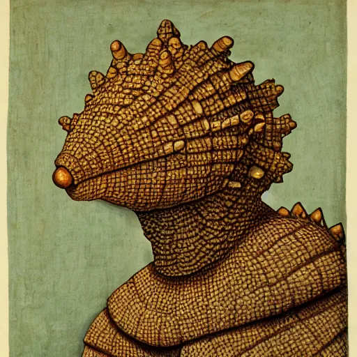 Image similar to portrait of an anthropomorphic ankylosaurus, sandro bottecelli, 1 5 0 0