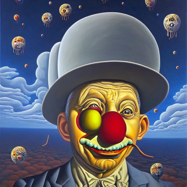 Prompt: an oil on canvas portrait painting of a clown, surrealism, surrealist, cosmic horror, rob gonsalves, high detail