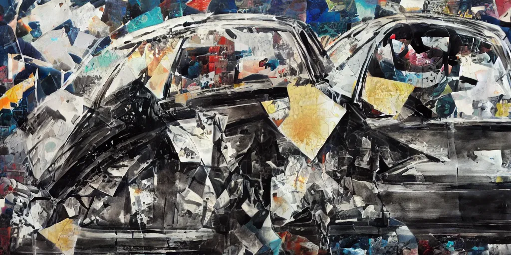 Image similar to car crash test, bank robbery, collage paper and tape, acrylic on canvas, hyperrealism mixed with expressionism, high resolution, cinematic, unreal 6 breathtaking detailed, by blake neubert