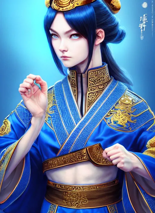 Prompt: manchurian martial artist!!!! blue eyes!! intricate ornate blue robes!! character concept art, sharp focus, octane render! unreal engine 5! highly rendered!! trending on artstation!! detailed linework!! illustration by artgerm, wlop, and chie yoshii