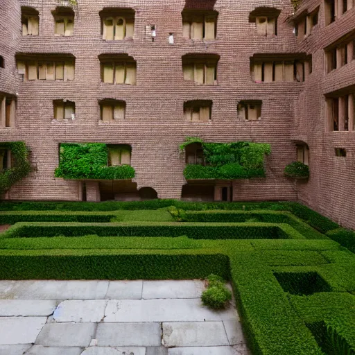 Prompt: courtyard complex of a labyrinthine monastary made of iteratively stacked voxel bricks, fusion of carlo scarpa and louis kahn, moss and ivy growing on the bricks, architectural photography