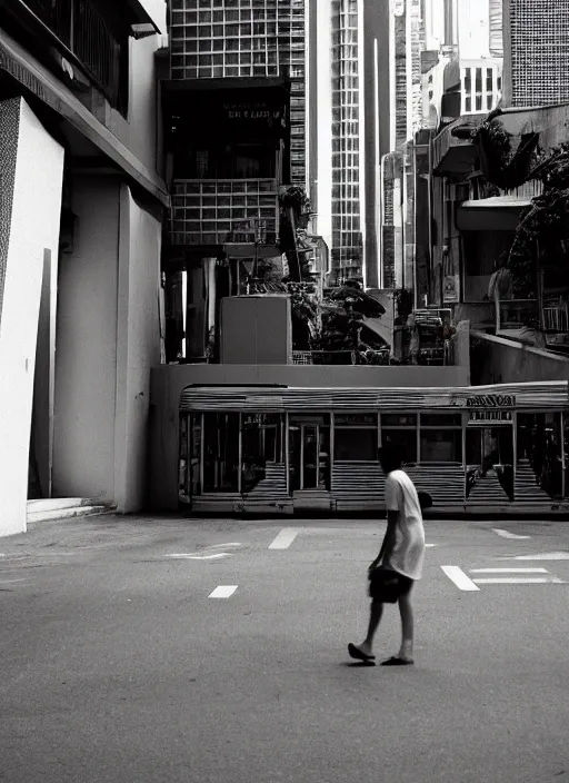 Image similar to minimalist street photography by wes anderson and by ansel adams, singapore cbd, portra 4 0 0, intense shadows, warm hue, golden hour