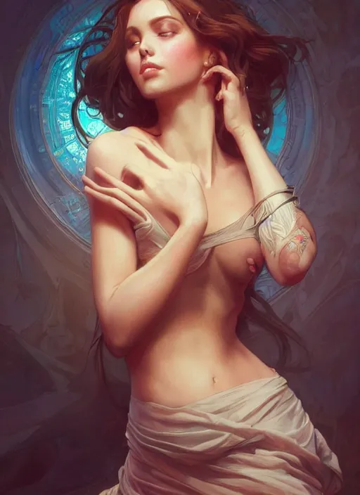 Prompt: realistic illustration, intricate, elegant, highly detailed, digital painting, artstation, concept art, sexy girl, smooth, sharp focus, illustration, art by artgerm, greg rutkowski, david nakayama, and alphonse mucha