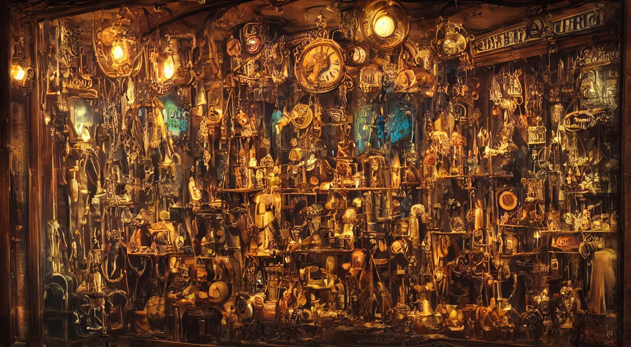 Image similar to steampunk shop window by don bluth, darkness, neon lights, photo realistic, completely filled with interesting oddities, things hanging from ceiling, light bulbs, cinematic