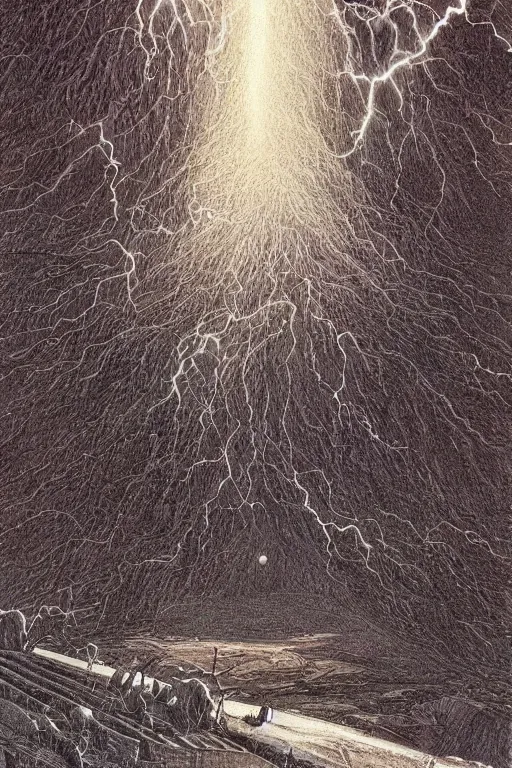 Image similar to The storms extol our ancient glory, great mounds feed us power from the sacred earth, intricate, elegant, digital mixed media painting, concept art, smooth, sharp focus, illustration, from 1961, by Bill sienkliewicz, Moebius and Stephen Gammell