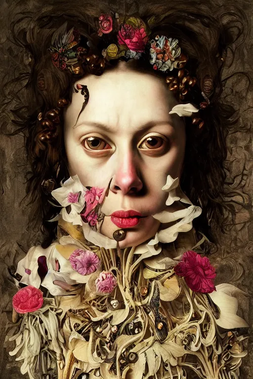 Prompt: Detailed maximalist portrait a with large lips and with large eyes, exasperated expression, fleshy botanical, high fashion, HD mixed media, 3D collage, highly detailed and intricate, surreal illustration in the style of Caravaggio and Jenny saville, dark art, baroque