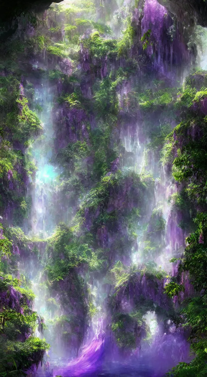 Prompt: a mystical dreamy waterfall cave with amethysts and lilac sunrays, trending on artstation, concept art, matte painting, 8 k