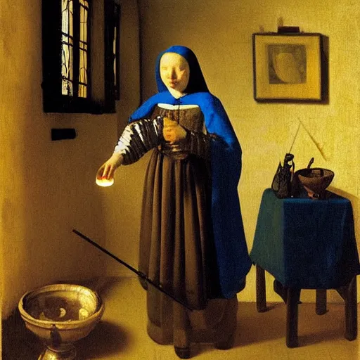 Prompt: Painting of a horse wearing peasant clothing, holding a lit candle in the dimly lit room, by Johannes Vermeer