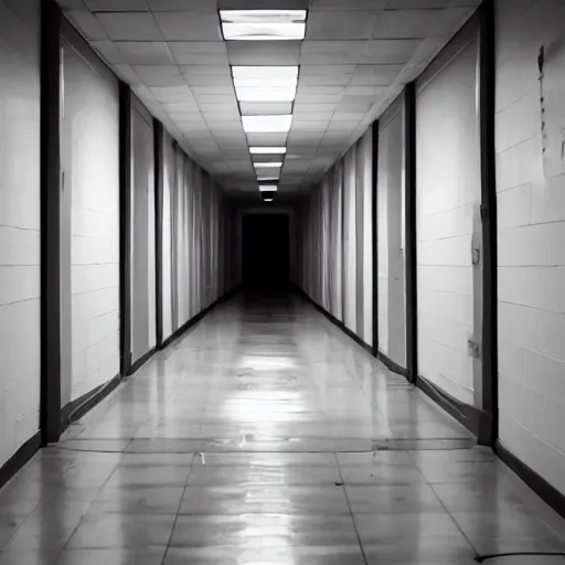 Prompt: a photo of a floating eyeball in an empty hallway with no windows and a shadow figure
