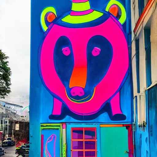 Image similar to neon art mural with portrait and a bear