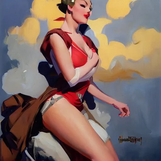 Image similar to greg manchess portrait painting of beauty 1 9 4 0's pinup as overwatch's characters, medium shot, asymmetrical, profile picture, organic painting, sunny day, matte painting, bold shapes, hard edges, street art, trending on artstation, by huang guangjian and gil elvgren and sachin teng