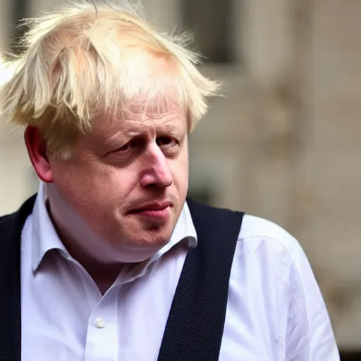 Image similar to boris johnson looking depressed while wearing a maid dress