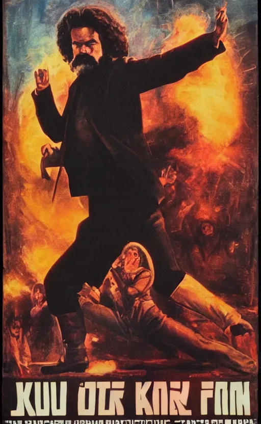 Prompt: 70s action movie poster with one Karl Marx in kung fu pose, drawing 4k, grainy picture cinematic dramatic light