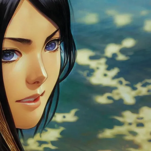 Prompt: highly detailed vfx portrait of nico robin by eiichiro oda, makoto shinkai, alphonse mucha, sharp focus, art by artgerm and greg rutkowski!, backlit, harsh overhead sunlight, blue eyes!!, aquiline nose!!, stanley kybric, kaoru mori, detailed,