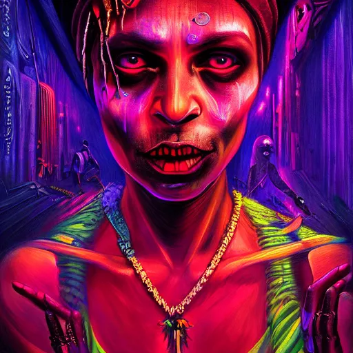 Image similar to a death tarot featuring a haitian voodoo priestess with menacing eyes, blacklight neon colors, by anton semenov and android jones in cyberpunk voodoo style, oil on canvas, 8k