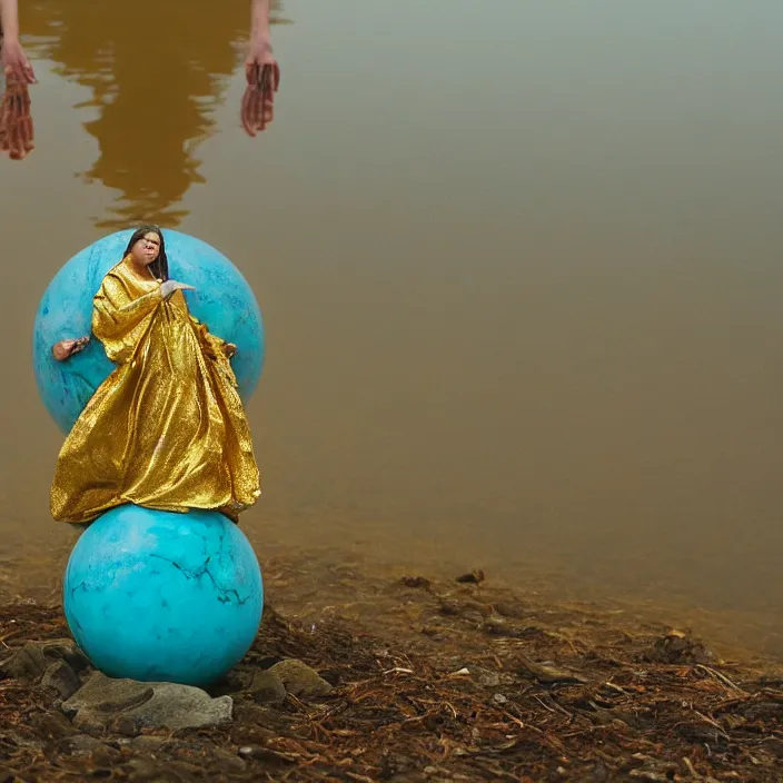 Image similar to a color photograph, closeup portrait of three women wrapped in gold, standing next to a levitating turquoise orb, in a foggy lake, color photograph, by vincent desiderio, canon eos c 3 0 0, ƒ 1. 8, 3 5 mm, 8 k, medium - format print