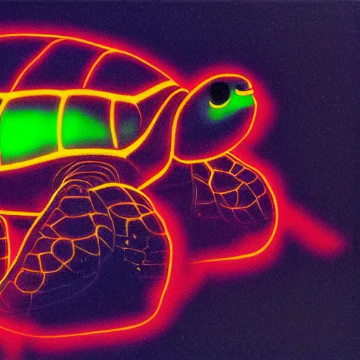 Image similar to turtle portrait, 8 0 s synch, wave, neon