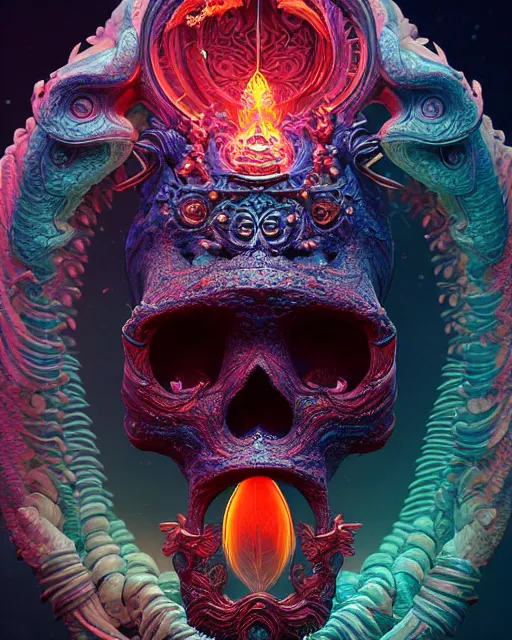 Image similar to 3 d ornate carved dark cosmic spirit with profile portrait, sigma 5 0 0 mm f / 5. beautiful intricate highly detailed quetzalcoatl skull. bioluminescent, plasma, lava, ice, water, wind, creature, thunderstorm! artwork by tooth wu and wlop and beeple and greg rutkowski, 8 k trending on artstation