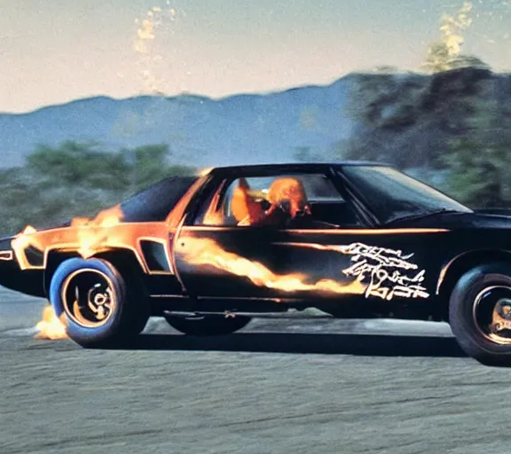 Image similar to a close - up, color cinema film still of knight rider kitt leaping over a jump, action cinematic.