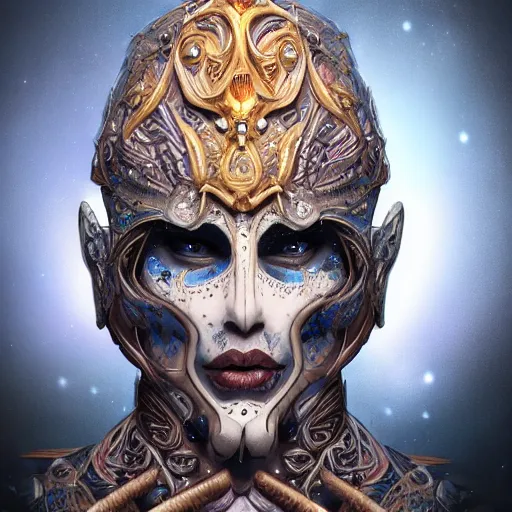 Image similar to an Artstation 3d render of Very very very very highly detailed beautiful mystic head of a phantom warrior with galaxy, tattoos by Artstation, intricate, extremely detailed, digital painting, artstation, concept art, smooth, sharp focus, illustration, intimidating lighting, incredible art,