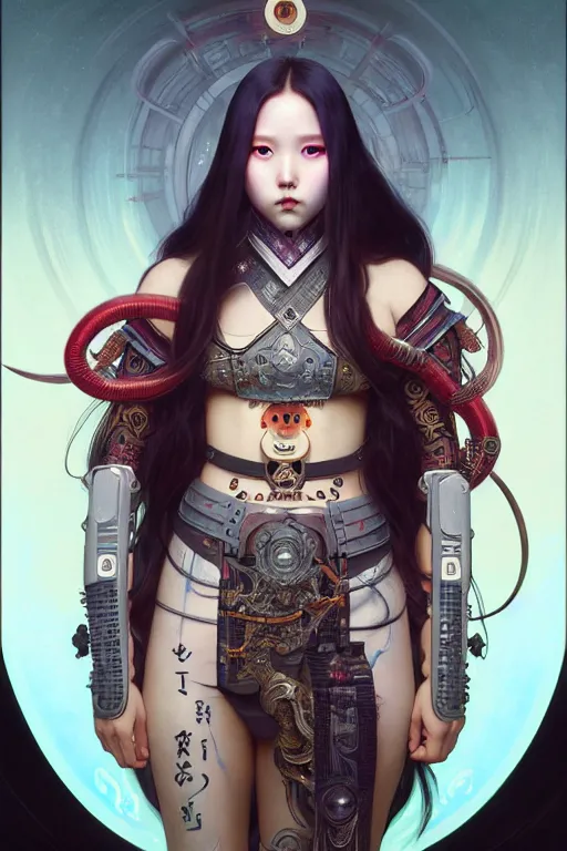 Image similar to full body painting of olivia hye loona cyberpunk samurai smiling, ultra realistic, concept art, intricate details, eerie, highly detailed, photorealistic, octane render, 8 k, unreal engine. art by artgerm and greg rutkowski and magali villeneuve and alphonse mucha