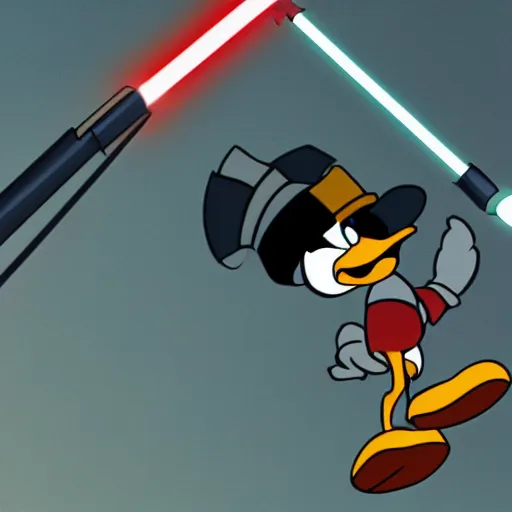 Prompt: donald duck hanging from a chopper with a lightsaber