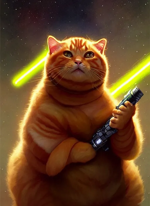 Image similar to a fat ginger cat holding a lightsaber, star wars, beautiful glowing lights, sci - fi, stunning, intricate, elegant. highly detailed, digital painting. artstation. smooth. sharp focus. illustration. art by artgerm and greg rutkowski and alphonse mucha