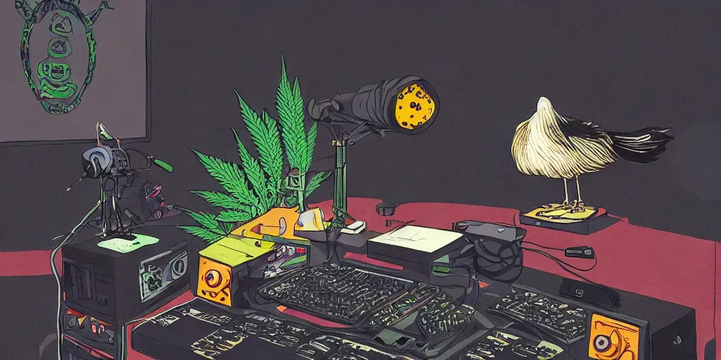 Image similar to 'black chicken'!!! smoking 'cannabis'!!!!!! in front of 'audio console'!!!! and 'multi monitors'!!!! 'in a hi-tech tv broadcasting studio'!!!!, artwork by James Gilleard