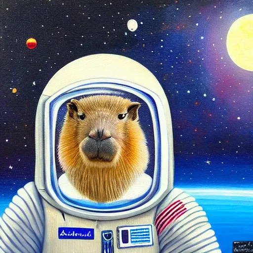 Image similar to beautiful detailed and adorable portrait of a capybara astronaut in a spacesuit, super cute, new contemporary, pop surrealism, oil painting, by alexander trufanov